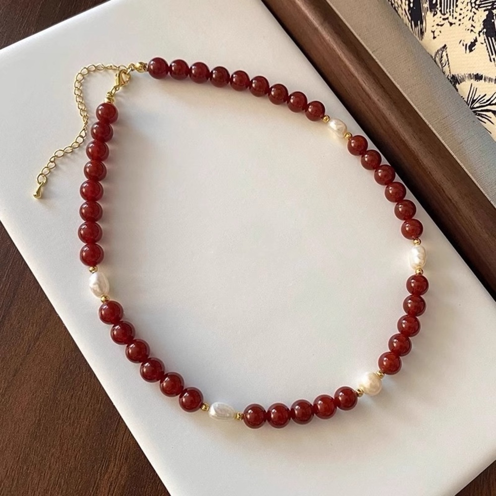 18K Gold Plated Beaded Red Agate Necklace*Freshwater Pearls*Vintage Old Money LW